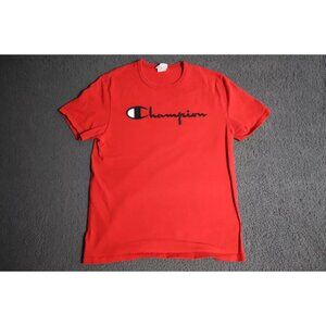 Vintage Champion T-Shirt Mens M Red Crew Neck Spell Out Logo Embroidered Cotton